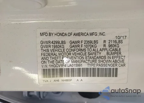 2018 Honda Accord Ex from USA, damaged, VIN 1HGCV1F41JA015991